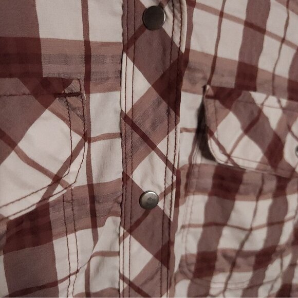 REI MensvMaroon Red Plaid Snap Down Shirt Medium - Picture 3 of 7